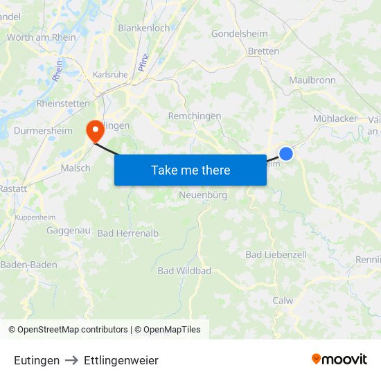 Eutingen to Ettlingenweier map
