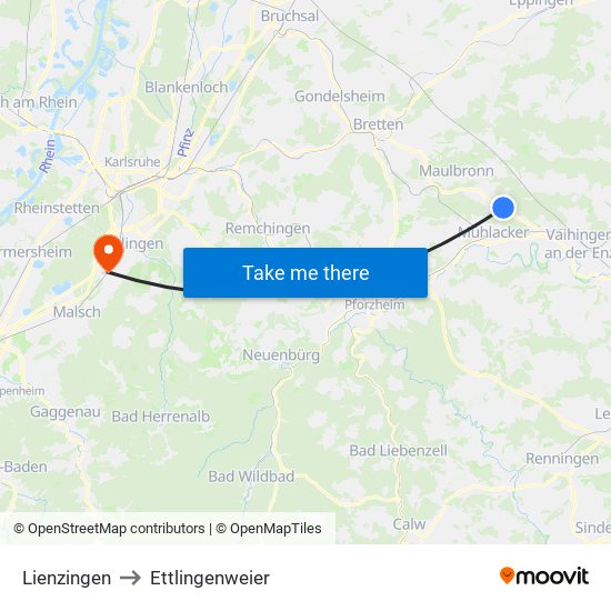 Lienzingen to Ettlingenweier map
