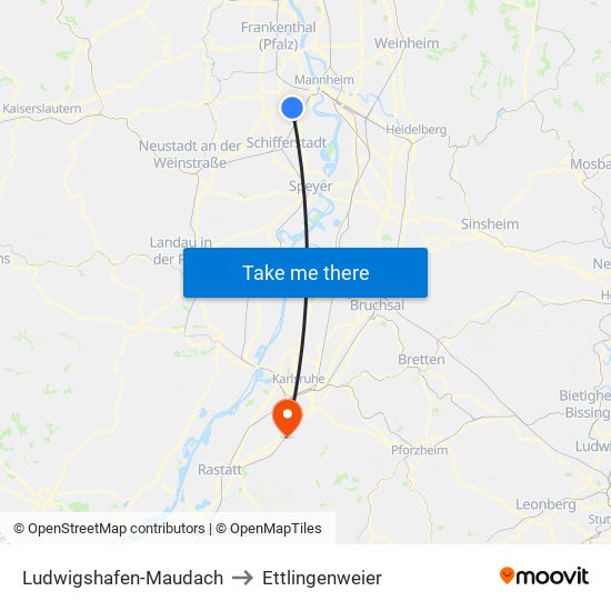 Ludwigshafen-Maudach to Ettlingenweier map