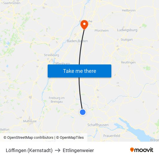 Löffingen (Kernstadt) to Ettlingenweier map