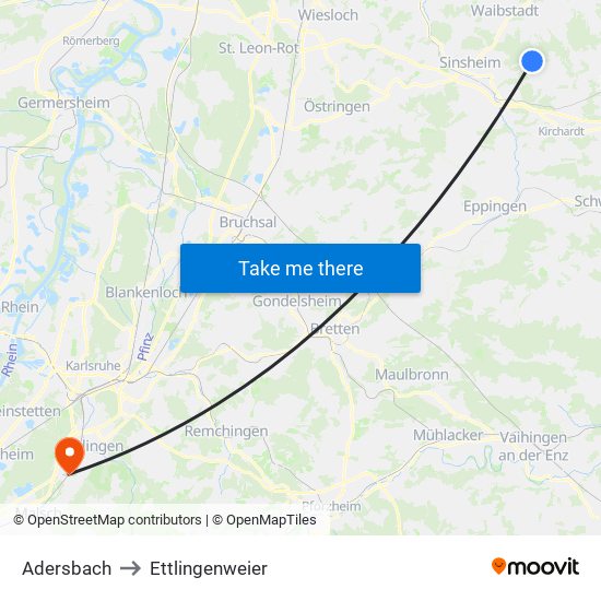 Adersbach to Ettlingenweier map