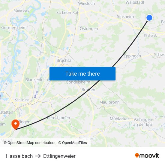 Hasselbach to Ettlingenweier map