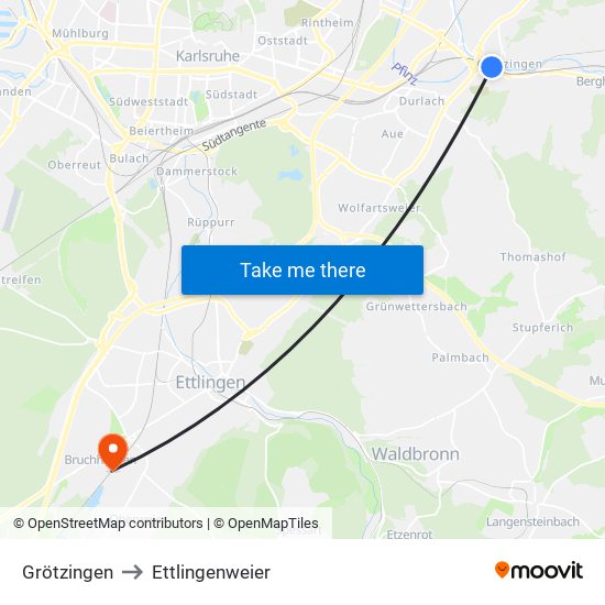 Grötzingen to Ettlingenweier map