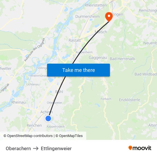 Oberachern to Ettlingenweier map