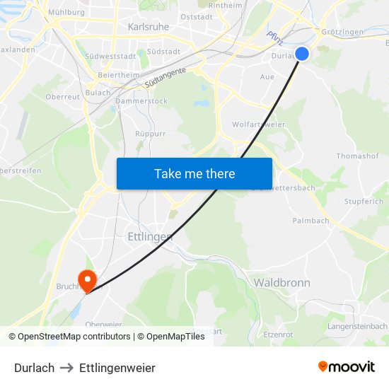 Durlach to Ettlingenweier map