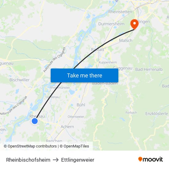 Rheinbischofsheim to Ettlingenweier map