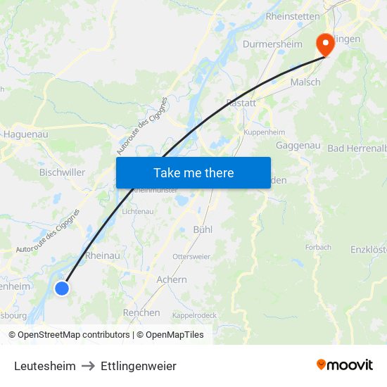 Leutesheim to Ettlingenweier map