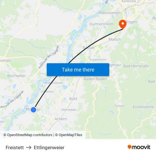 Freistett to Ettlingenweier map