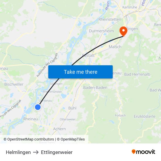 Helmlingen to Ettlingenweier map