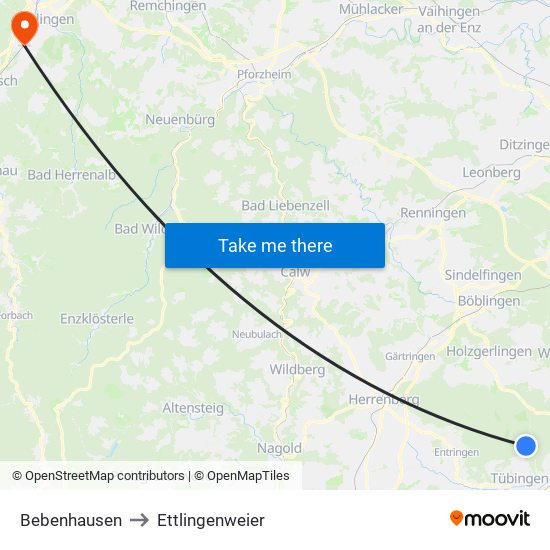 Bebenhausen to Ettlingenweier map