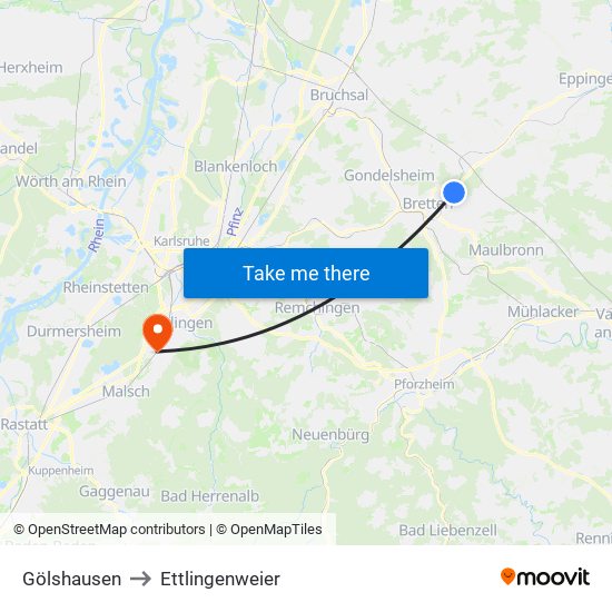 Gölshausen to Ettlingenweier map