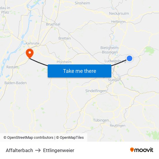 Affalterbach to Ettlingenweier map