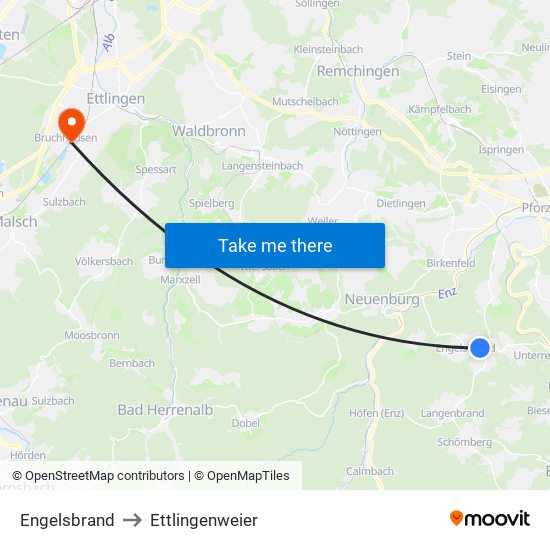 Engelsbrand to Ettlingenweier map