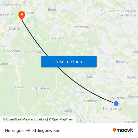 Nufringen to Ettlingenweier map