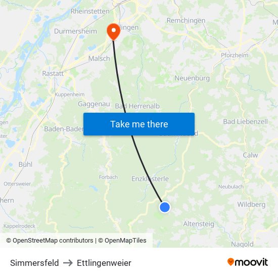 Simmersfeld to Ettlingenweier map