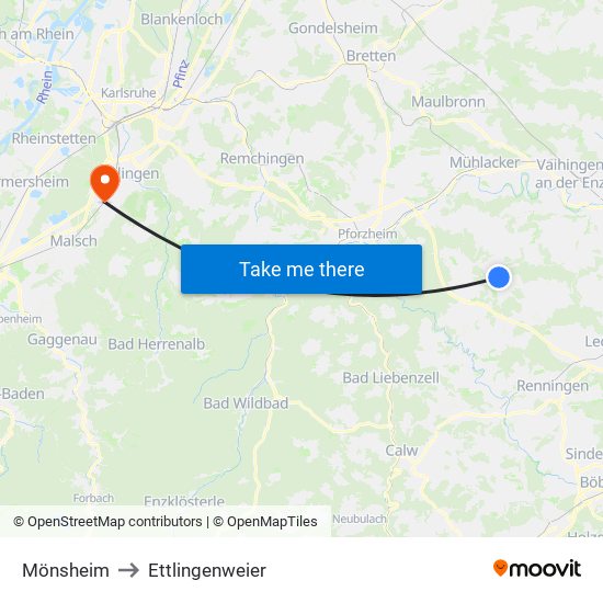 Mönsheim to Ettlingenweier map