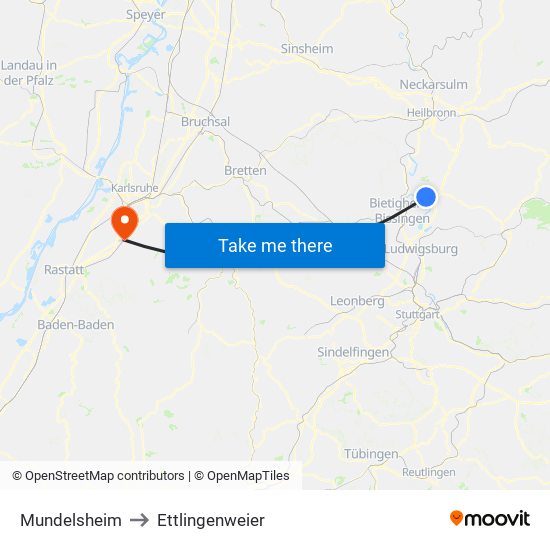 Mundelsheim to Ettlingenweier map