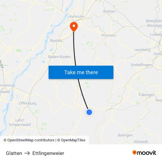 Glatten to Ettlingenweier map