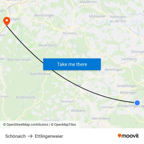 Schönaich to Ettlingenweier map