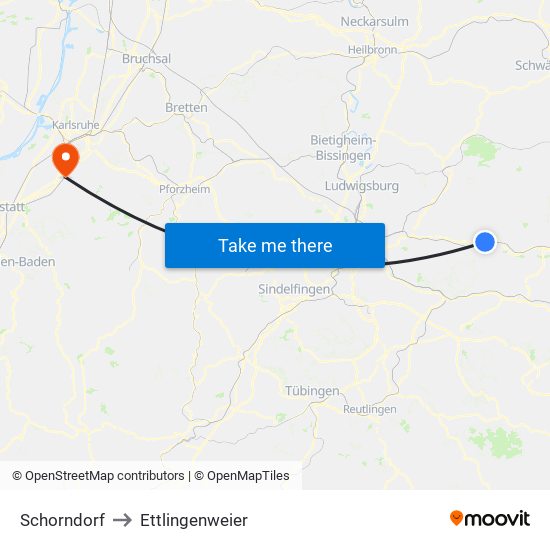 Schorndorf to Ettlingenweier map