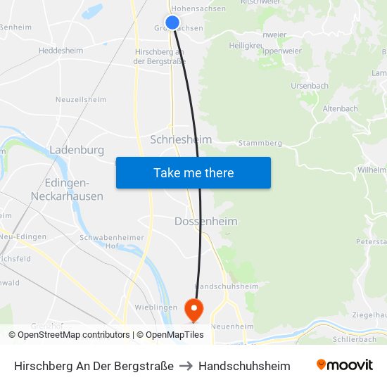 Hirschberg An Der Bergstraße to Handschuhsheim map