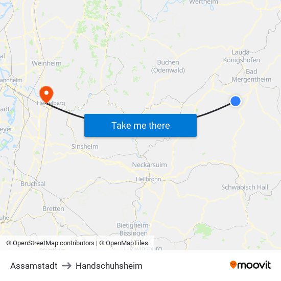 Assamstadt to Handschuhsheim map