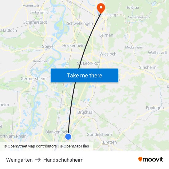 Weingarten to Handschuhsheim map