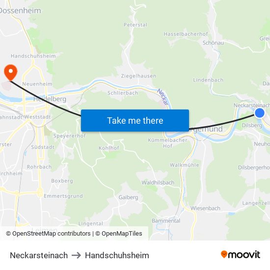 Neckarsteinach to Handschuhsheim map