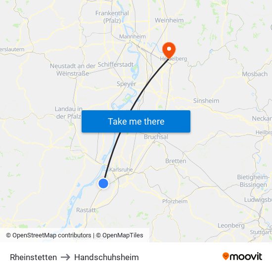 Rheinstetten to Handschuhsheim map