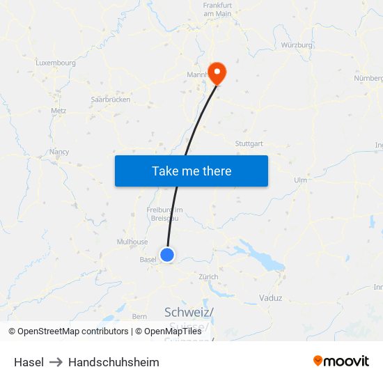 Hasel to Handschuhsheim map