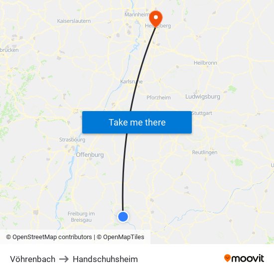 Vöhrenbach to Handschuhsheim map
