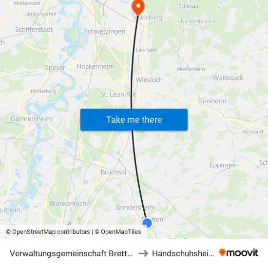 Verwaltungsgemeinschaft Bretten to Handschuhsheim map