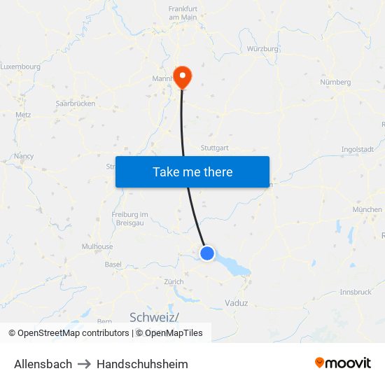 Allensbach to Handschuhsheim map