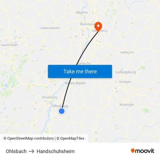 Ohlsbach to Handschuhsheim map