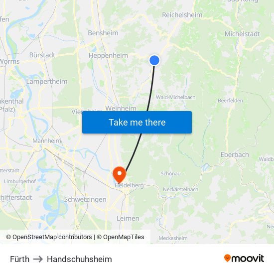 Fürth to Handschuhsheim map