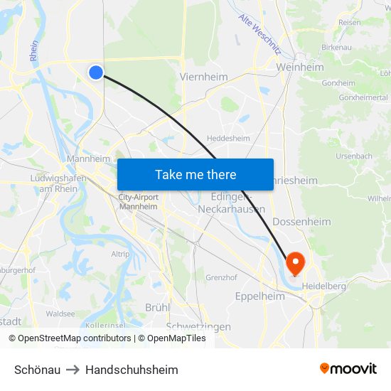 Schönau to Handschuhsheim map