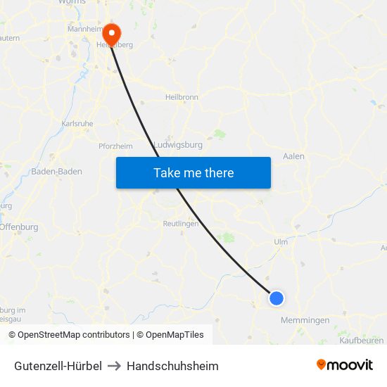 Gutenzell-Hürbel to Handschuhsheim map