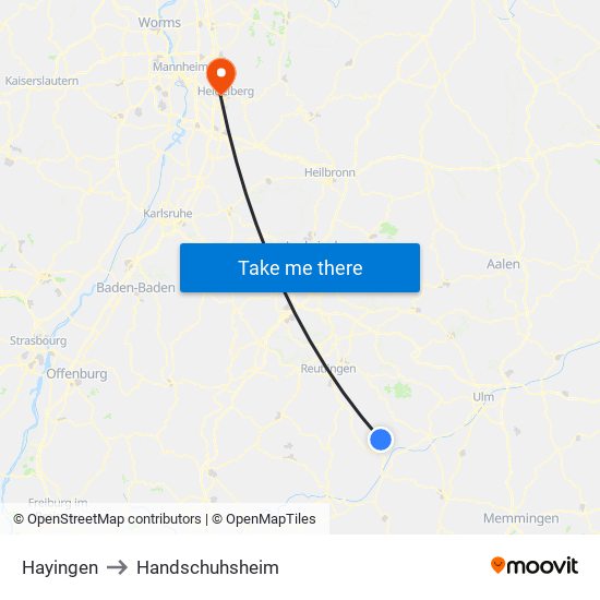 Hayingen to Handschuhsheim map