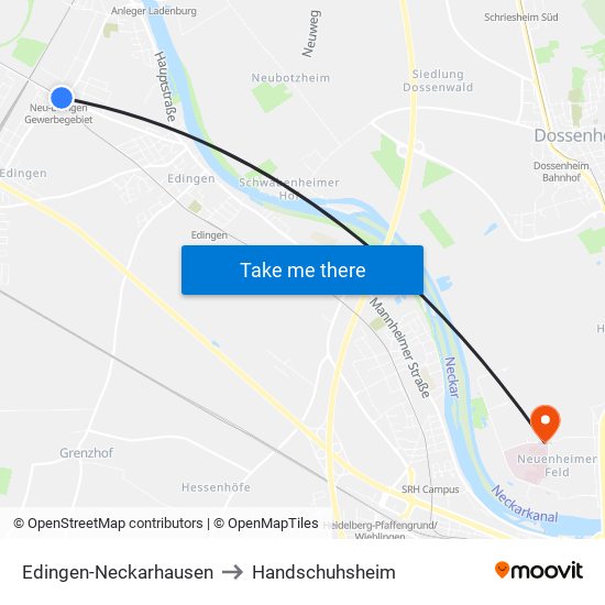 Edingen-Neckarhausen to Handschuhsheim map