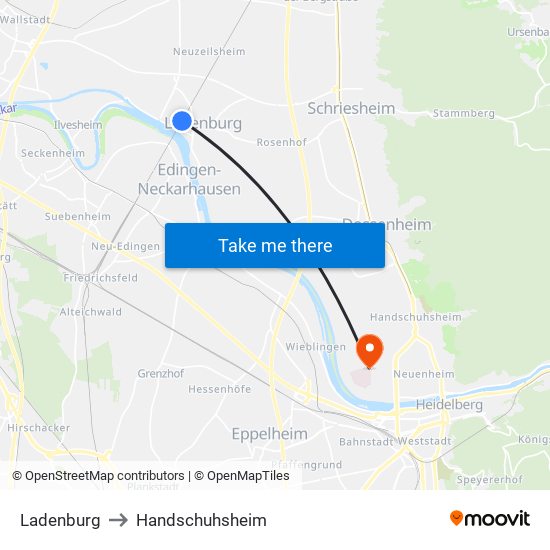 Ladenburg to Handschuhsheim map