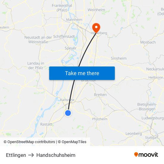 Ettlingen to Handschuhsheim map