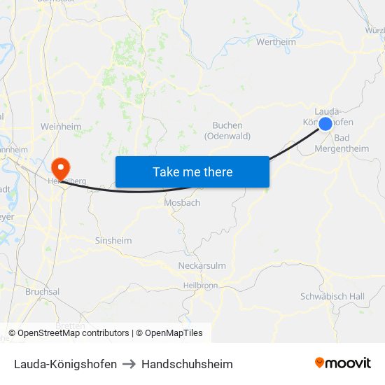 Lauda-Königshofen to Handschuhsheim map