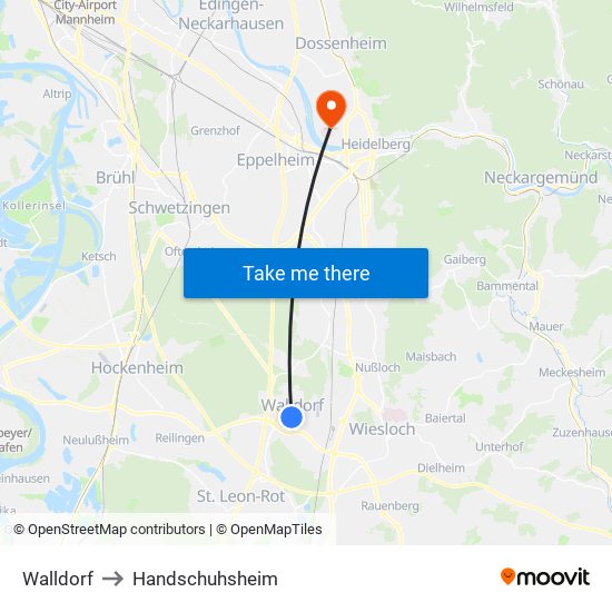 Walldorf to Handschuhsheim map