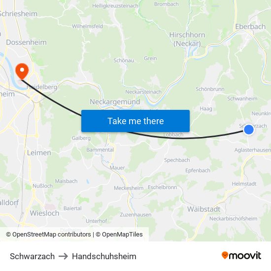 Schwarzach to Handschuhsheim map