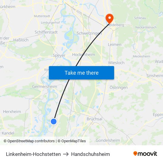 Linkenheim-Hochstetten to Handschuhsheim map