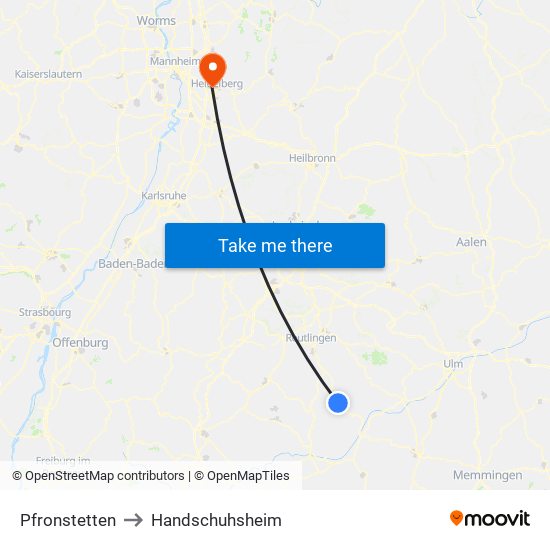 Pfronstetten to Handschuhsheim map