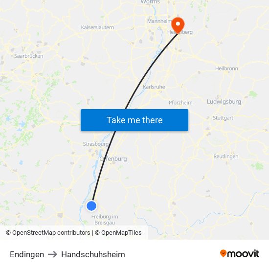 Endingen to Handschuhsheim map