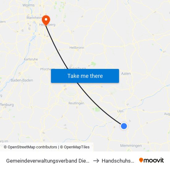 Gemeindeverwaltungsverband Dietenheim to Handschuhsheim map