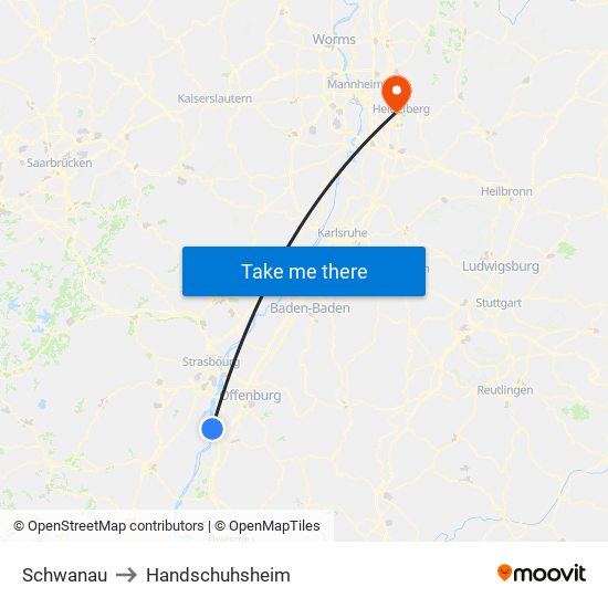 Schwanau to Handschuhsheim map
