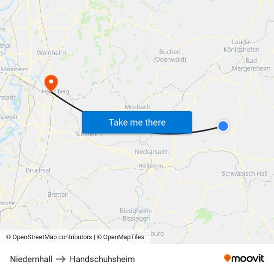 Niedernhall to Handschuhsheim map